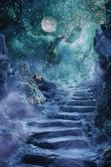 Fototapeta premium A stairway leads up to a cave entrance illuminated by a bright full moon
