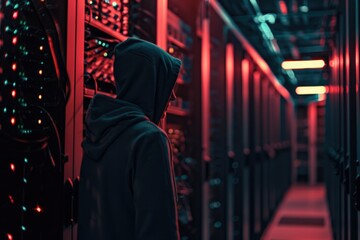 A person wearing a hoodie stands in a modern server room with rows of computer equipment and storage units