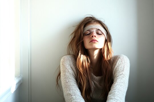 A woman sits against a wall with a blindfold on, conveying a sense of uncertainty or concealment