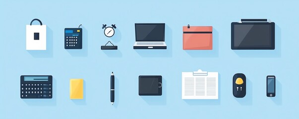 A minimalist flat icon set for business, featuring simple yet effective illustrations of office equipment and professional activities, suitable for various applications
