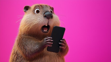 Astonished beaver holding a smartphone against bright pink background with copy space, displaying a cute, surprised expression