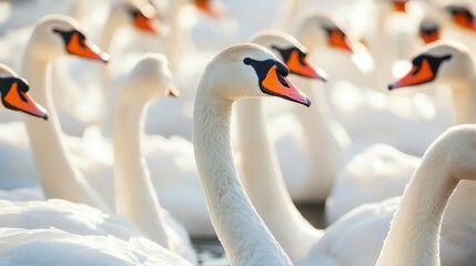 Obraz premium A serene scene of swans gracefully swimming in a tranquil setting.