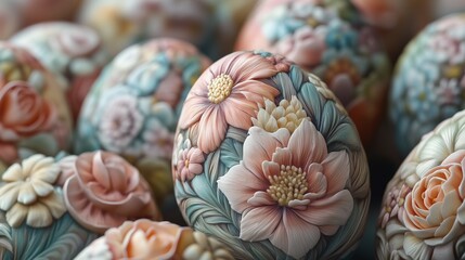 Intricately decorated Easter eggs adorned with detailed floral patterns in pastel tones for a festive display