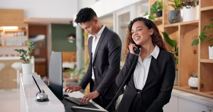 Woman, receptionist and phone call for reservation, booking and enquiry as hotel staff or concierge. Teamwork, telephone and technology for communication, room service and customer care as employees