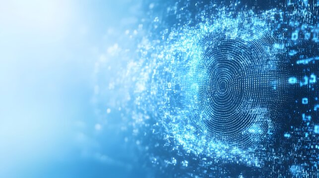 Cybersecurity concept showing digital fingerprint scan on light blue background, featuring binary code texture and futuristic biometric identification with glowing patterns.