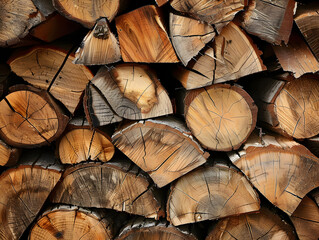 Fototapeta premium Pile of neatly stacked firewood outdoors, prepared for cold winter days and cozy fireside nights.