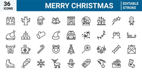 Christmas and Happy New Year web icons in line style. Xmas, winter, party, santa, tree, event, bell, snow, fireworks, collection. Vector illustration.