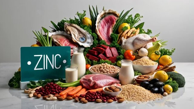 Various different food vegetables with the sign zinc