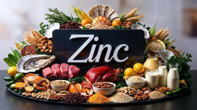 Various different food vegetables with the sign zinc