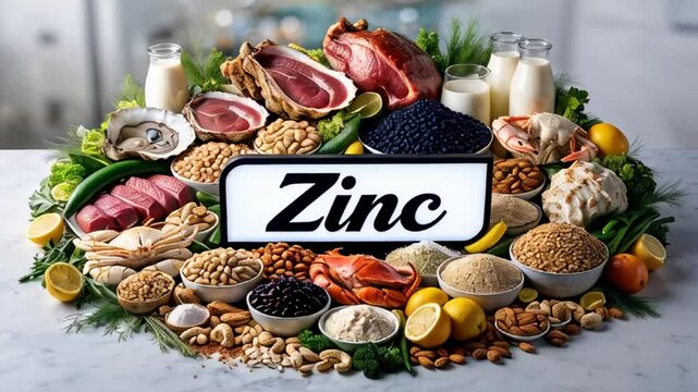 Various different food vegetables with the sign zinc