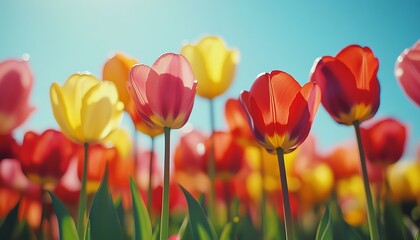 A vibrant field of tulip plants in full bloom, showcasing a rainbow of colors under a clear blue sky, capturing the beauty of springtime