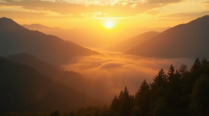 Obraz premium Sunrise Over a Misty Mountain Landscape With Soft Golden Light. Generative AI