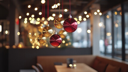 Indoor café decorated with Christmas ornaments and festive lights