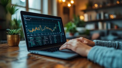 A person analyzes financial data on a laptop in a warm, inviting room, surrounded by plants and soft lighting, capturing an afternoon vibe.