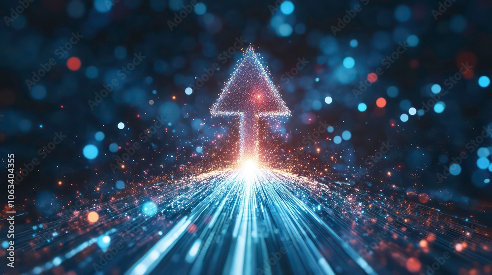 Poster A glowing upward arrow surrounded by shimmering particles, symbolizing progress and growth.