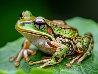 Fototapeta premium Close-up of a vibrant green frog perched on a leaf, isolated on a blurred background.