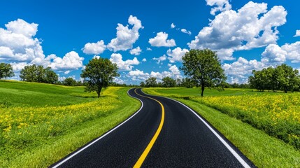 Curvy road through vibrant green fields under a bright blue sky with fluffy clouds.