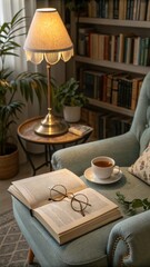 Cozy Reading Nook With an Open Book, Glasses, and Tea in a Warm Setting. Generative AI