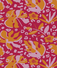 tropical leaves with animal skin pattern,vector,seamless pattern,illustration