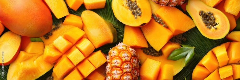 Aufkleber sliced tropical fruits including mangoes, papayas, and pineapples create a colorful and appetizing d