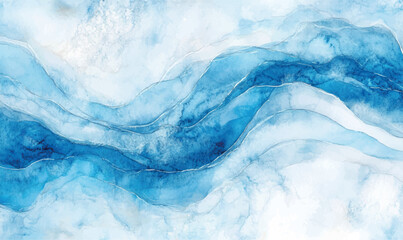 Abstract watercolor background in cool tones with smooth streaks, resembling the swirling winter wind carrying snowflakes through the air