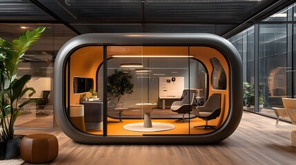 Contemporary office meeting pod featuring brown walls, wooden flooring, ergonomic chairs, indoor plants, industrial ceiling, and glass partitions in warm lighting atmosphere.