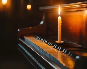 Harmonious Flame Candle Glowing on a Grand Piano in a Dimly Lit Room
