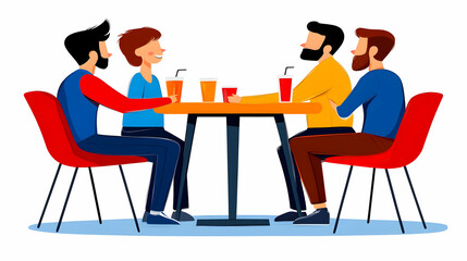 Fototapeta premium Four Friends Sitting at a Table Together, chair, drinks, talking, laughing, socializing