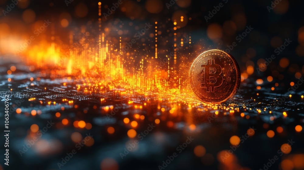 Poster a bright bitcoin coin is featured against a dark digital background filled with fluctuating market d