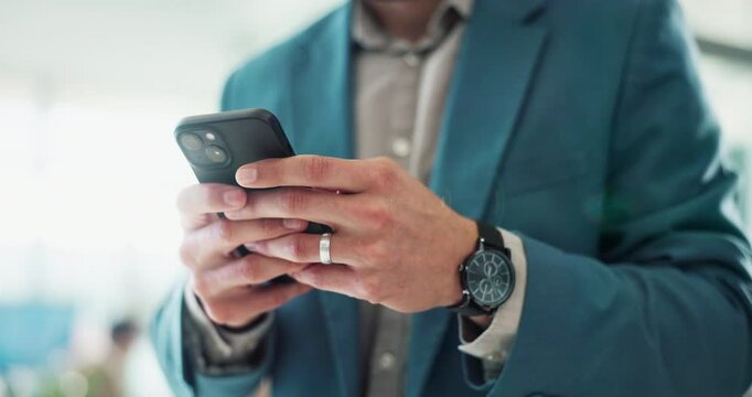 Business, hands and man with cellphone, typing and connection with app for stock market. Economy analyst, person and mobile user with smartphone, notification for banking or online for financial news