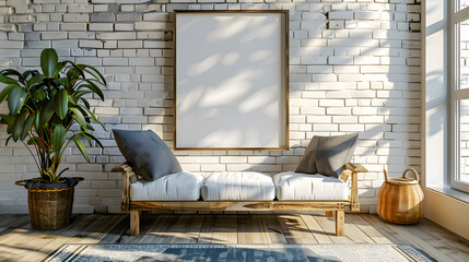 Mock up poster on white brick wall with old bench 