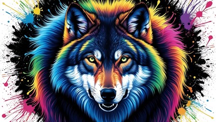 Wolf, abstract neon portrait of Wolf cartoon with dazzling rainbow lights, black background