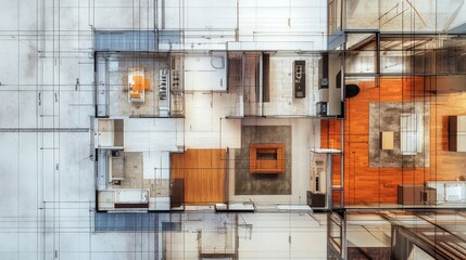 Clear residential layout close-up, with rooms labeled and dimensions shown, along with structural walls and beams, with text space at the bottom.