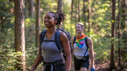 Diverse LGBTQ Couple Hiking in Lush Green Forest for Adventure and Nature Exploration