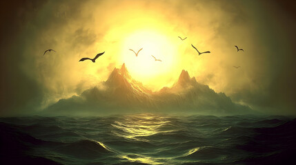 Obraz premium Misty Mountain Sunset over the Ocean, mountains, sea, sunrise, dusk, dawn