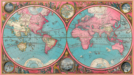 Fototapeta premium Antique World Map with Pink and Blue Color Scheme, antique map, vintage map, old map, world atlas, geography