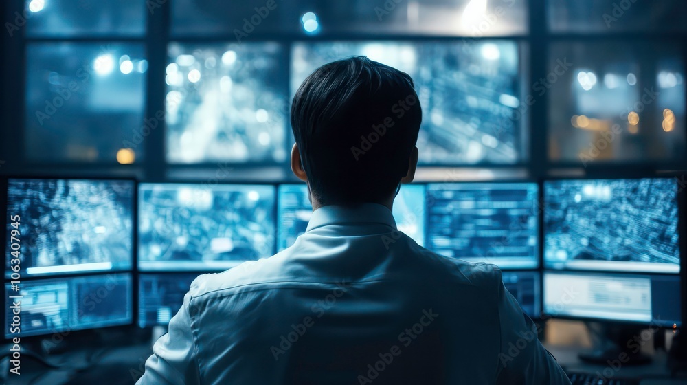 Poster Work place of security operator controls panel, uses computer with screens. Concept CCTV control
