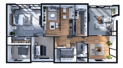 Close-up of a residential floor plan with clearly labeled rooms and dimensions, showing walls and beams, with space for text at the bottom.