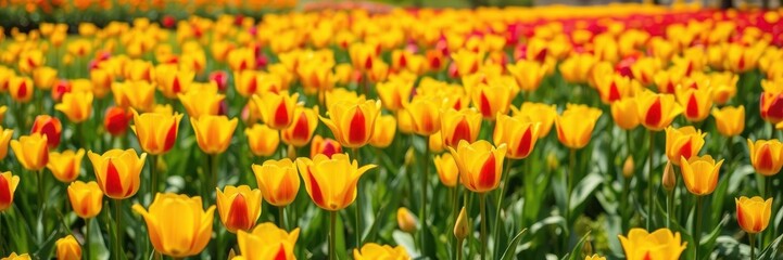 Fototapeta premium A beautiful line of bright yellow tulips in full bloom stretching across a lush green field under the golden sunlight, botanical, tulips