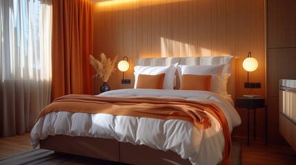 A inviting hotel room featuring earthy colors and soft furnishings for relaxation