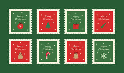 A set of December Christmas concept stamp, post, mail illustration designs. Simple icons of tree, decoration, ornament, snow, berrie, gift, cane, bell, branche, ball. and 'Merry Christmas' typography.