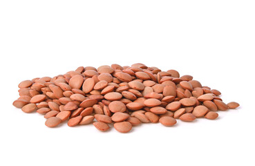 Heap of Lentils on white background. Dry beans. top view