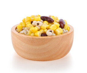 Mixed Grains Corn, Millet and Red Beans in wooden bowl on white background