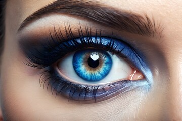 Close-up of a woman's eye with a striking blue-gray iris, natural lashes