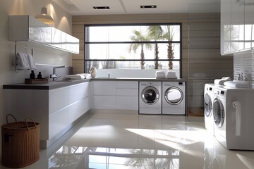 Spacious laundry room with modern appliances and bright windows for a serene vibe