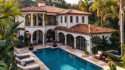 Fototapeta premium An exquisite property with a large pool, lush plants, and elegant architecture