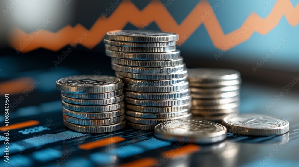 Fototapete coins are neatly stacked on a reflective surface that features financial charts and graphs, highligh