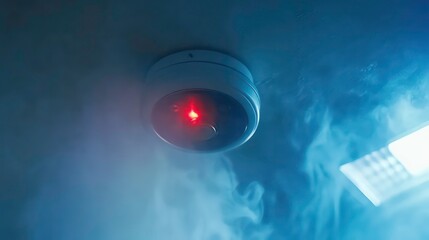A smoke-filled room with a ceiling-mounted security camera displaying a red light.