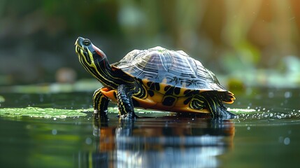 A turtle relaxes on a lily pad, basking in the sun on a peaceful afternoon