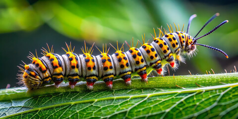 Naklejka premium The vibrant caterpillar, adorned with orange and black patterns, traverses a leaf in a thriving forest, highlighting the beauty of nature's creatures